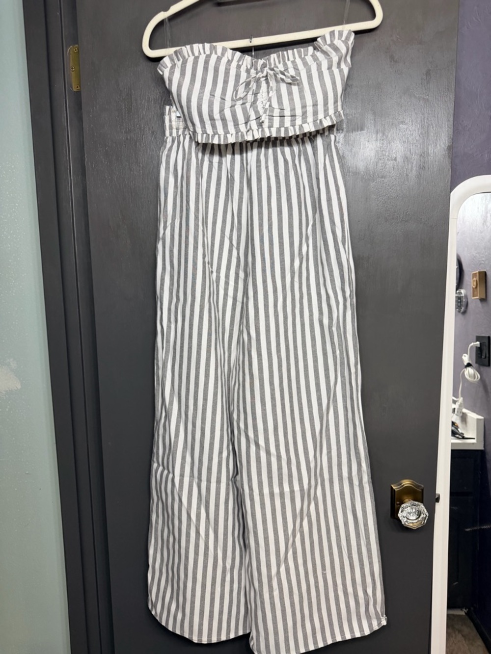 HYFVE Gray and White Striped Strapless Wide-Leg 2 piece set